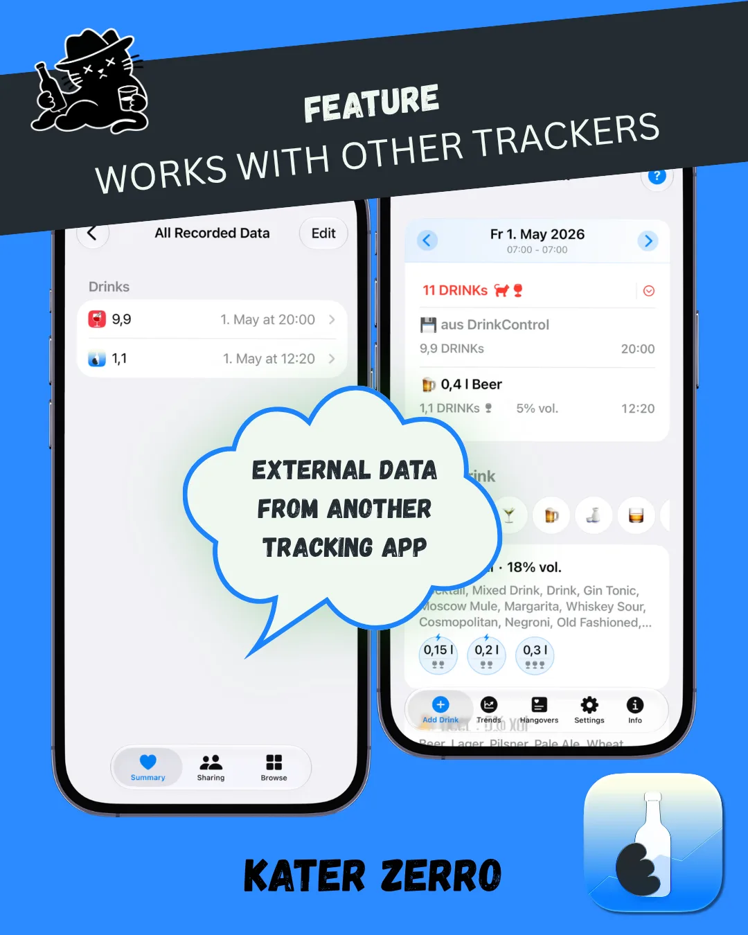 KATER ZERRO showing an external Apple Health alcohol entry from another tracker